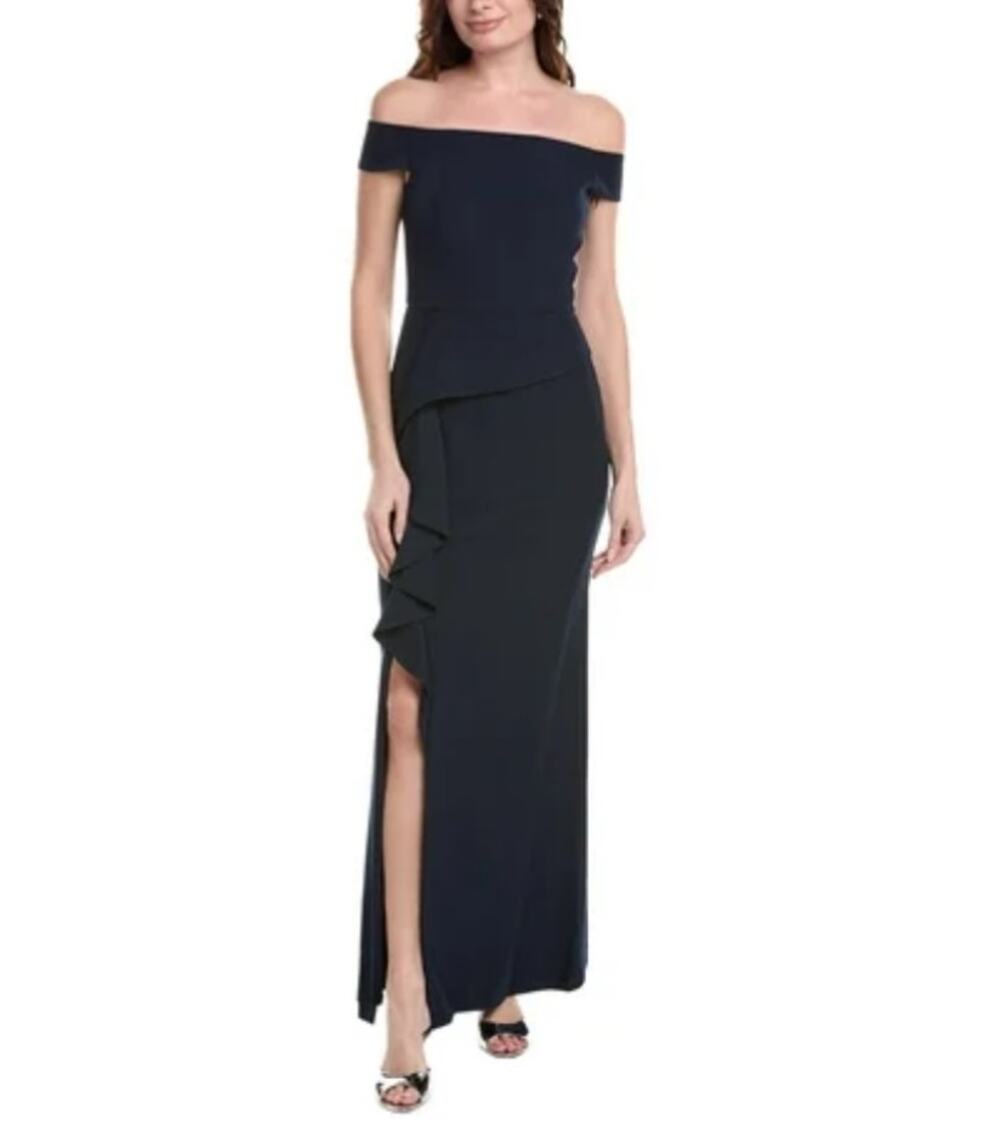 Vince Camuto Navy Blue Evening Gown Off the Shoulder Ruffled Column Dress Size 6